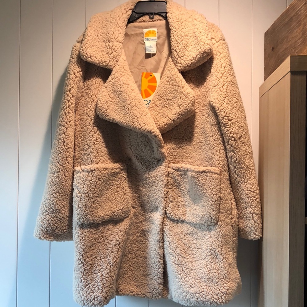 NWT C&C California long teddy bear Sherpa jacket pockets snap close L